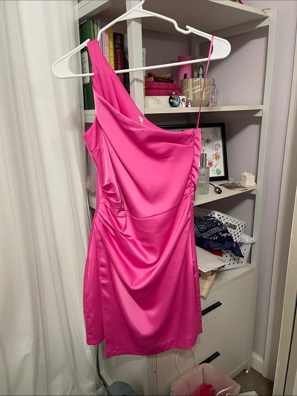 glam Hot Pink One-Shoulder Satin Mini Dress